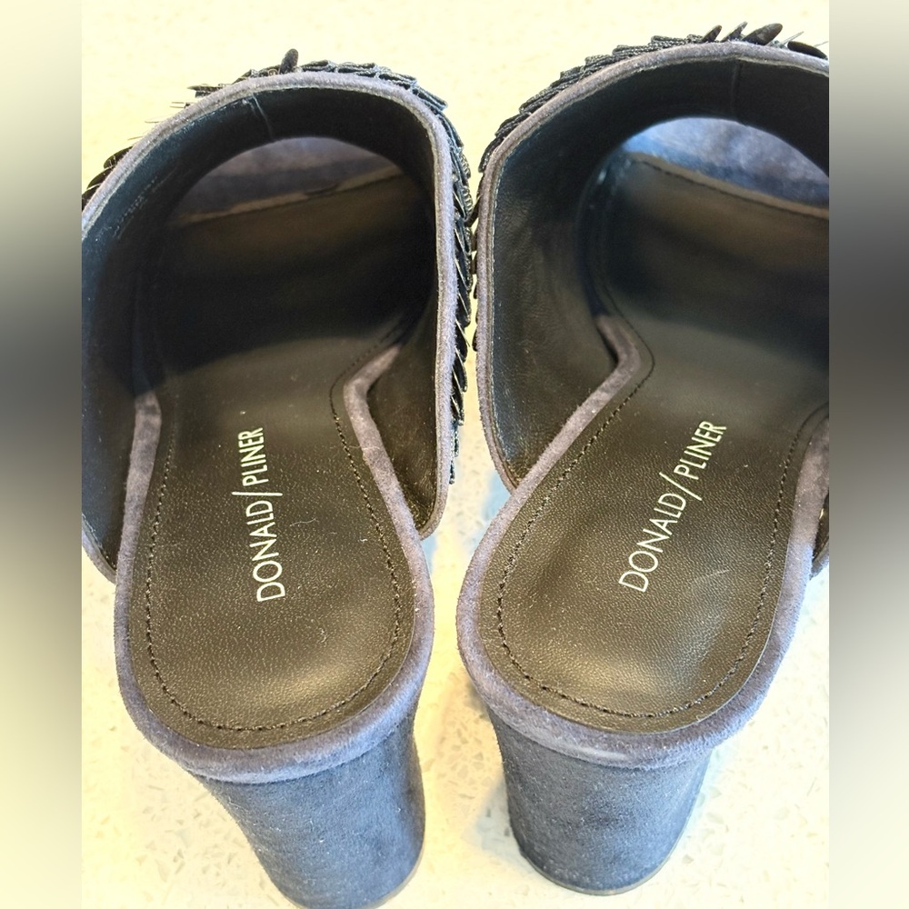 Navy Blue Block Heel Open Toe Slide Sandals Leather & Suede With Sequin Design - Picture 7 of 15